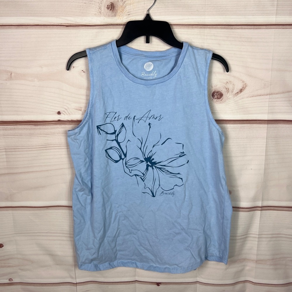 Beachly Top Womens L Blue Floral Graphic Tank Sleeveless Crew Neck Cotton Solid‎
